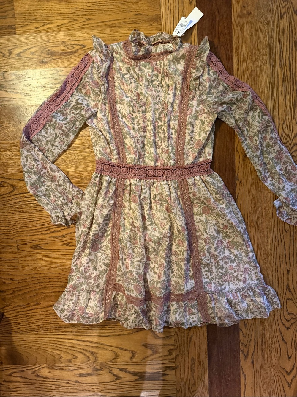 NEW WITH TAGS Women’s Topshop Chiffon Pink Floral Lace-Trim Ling Sleeve Dress